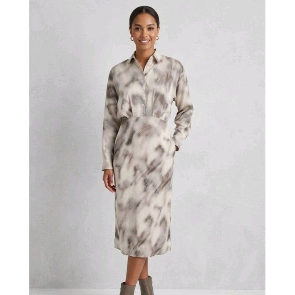 Express Printed Half Button Midi Muted Portofino Shirt Dress Abstract Marble XL